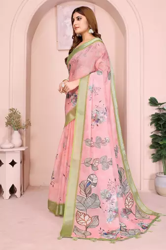 light orange printed  designer pallu linen saree
