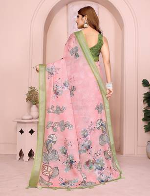 light orange printed  designer pallu linen saree 3