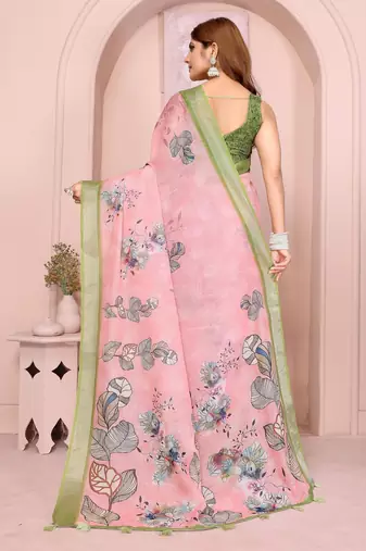 light orange printed  designer pallu linen saree