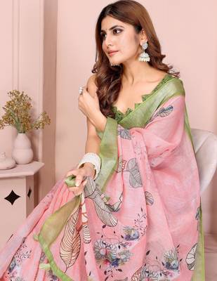 light orange printed  designer pallu linen saree 4
