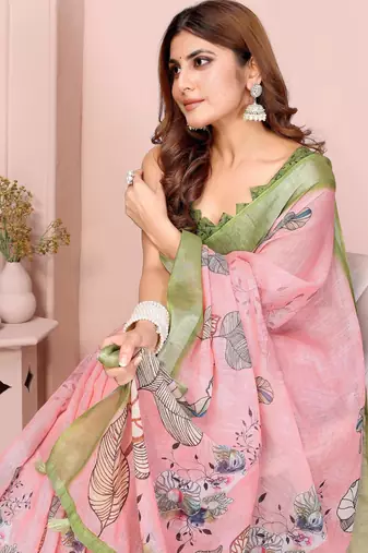 light orange printed  designer pallu linen saree