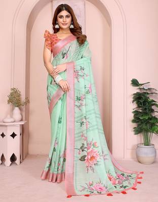 blue printed  designer pallu linen saree 1