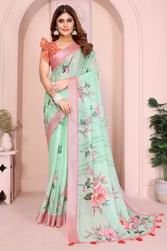 blue printed  designer pallu linen saree