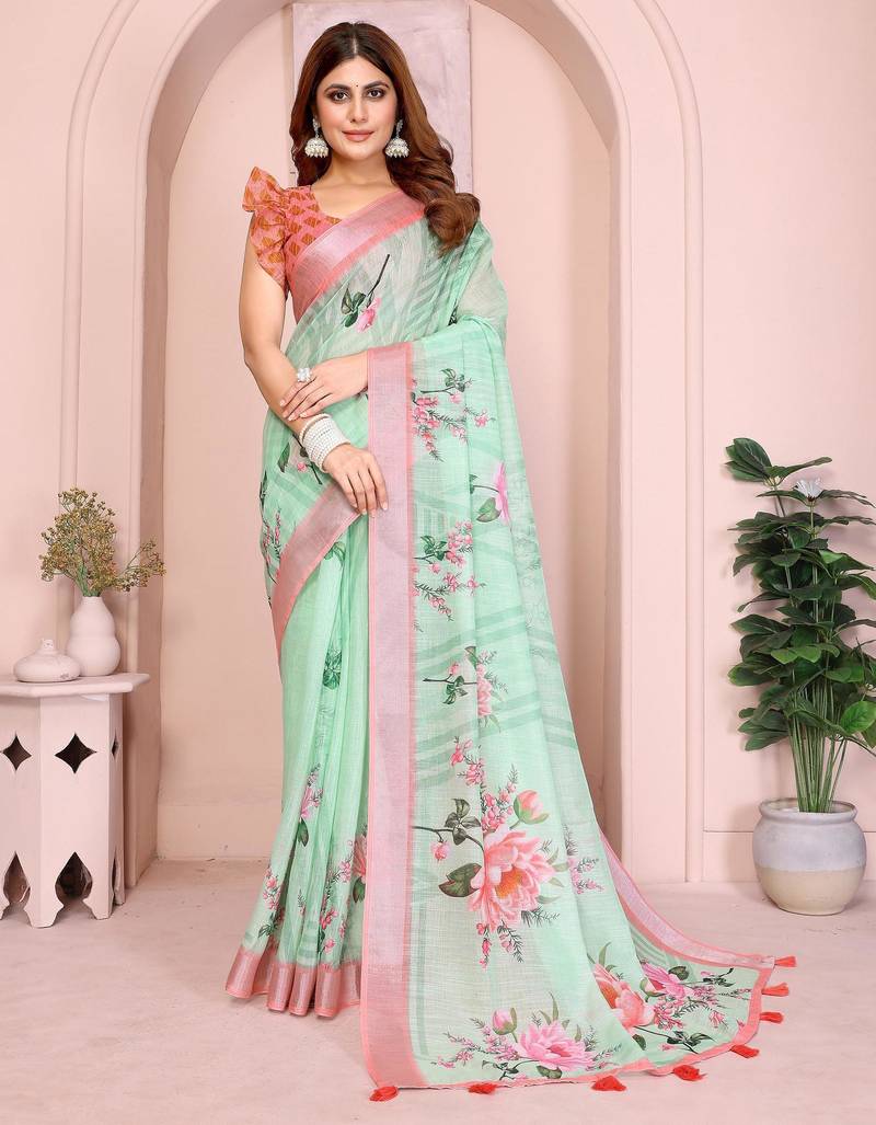 blue printed  designer pallu linen saree