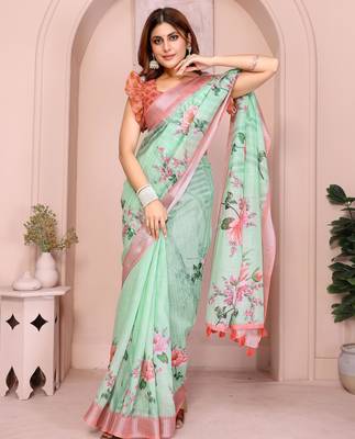 blue printed  designer pallu linen saree 2