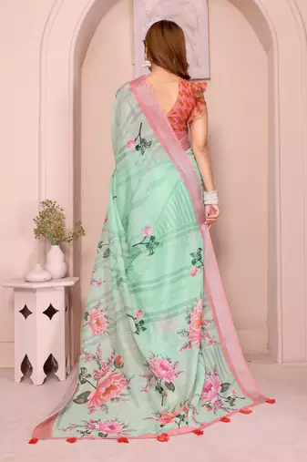 blue printed  designer pallu linen saree