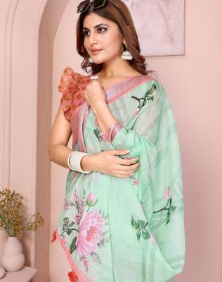 blue printed  designer pallu linen saree 4