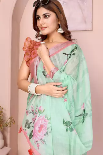 blue printed  designer pallu linen saree