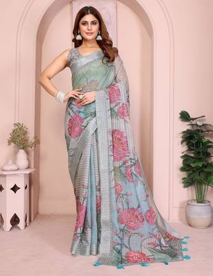 grey printed  designer pallu linen saree 1