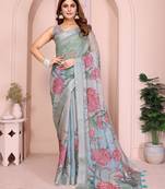 grey printed  designer pallu linen saree