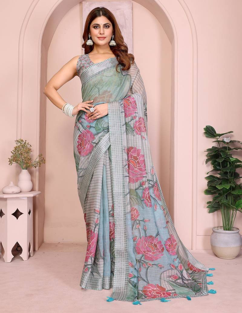 grey printed  designer pallu linen saree
