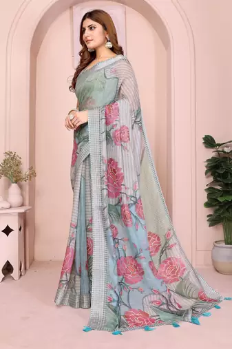 grey printed  designer pallu linen saree