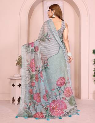 grey printed  designer pallu linen saree 3