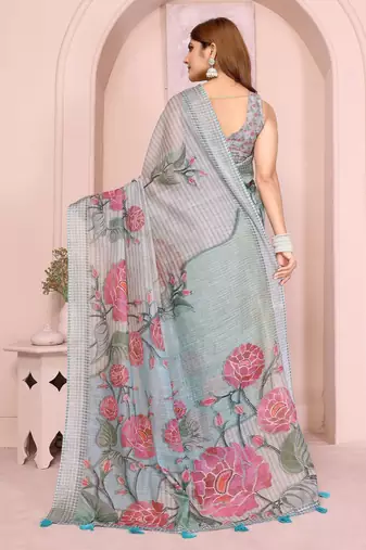 grey printed  designer pallu linen saree