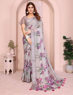 grey printed  designer pallu linen saree 1