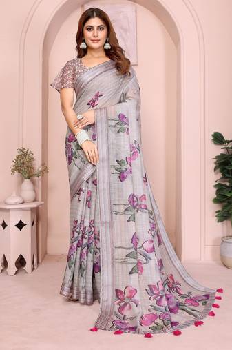 grey printed  designer pallu linen saree
