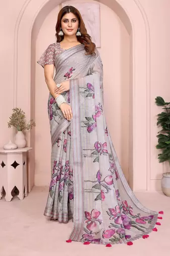 grey printed  designer pallu linen saree