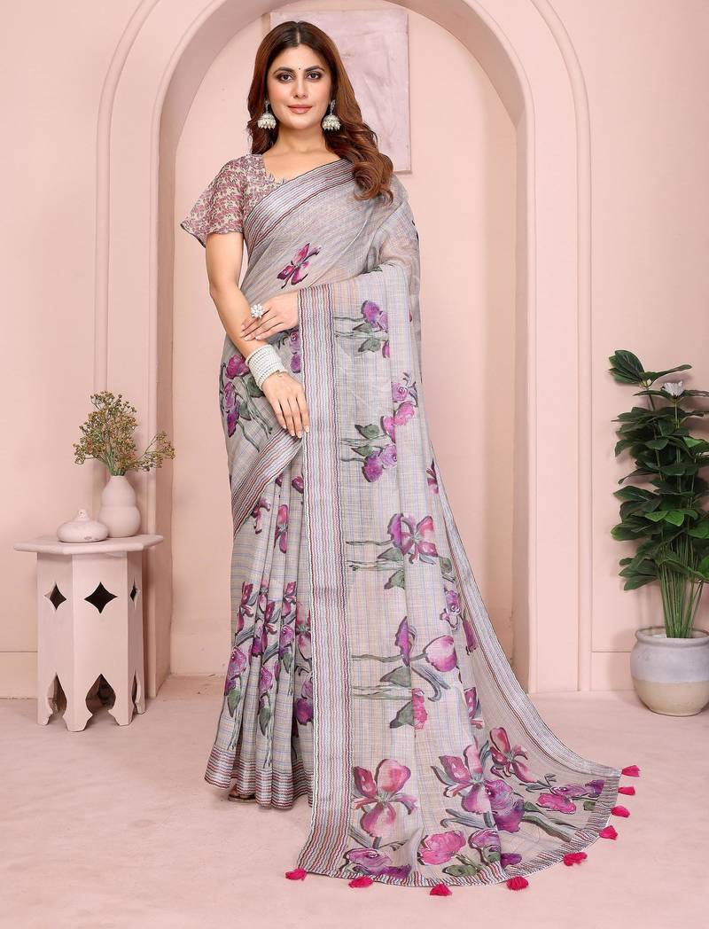 grey printed  designer pallu linen saree