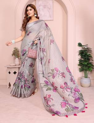 grey printed  designer pallu linen saree 2