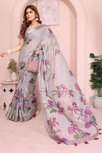 grey printed  designer pallu linen saree