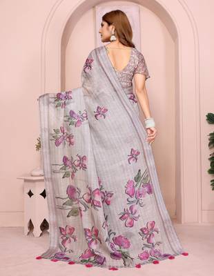 grey printed  designer pallu linen saree 3