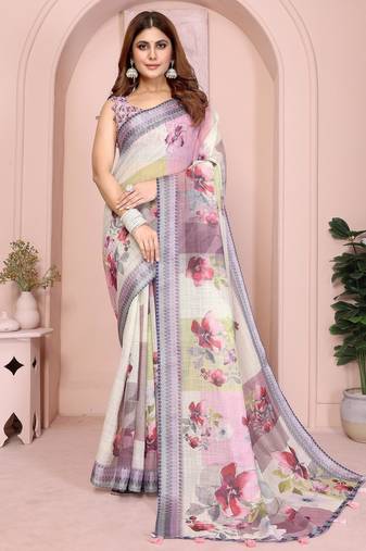cream printed  designer pallu linen saree