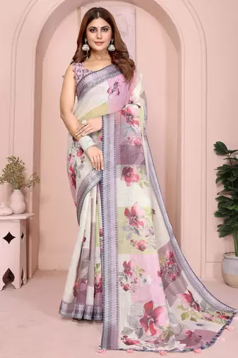 cream printed  designer pallu linen saree