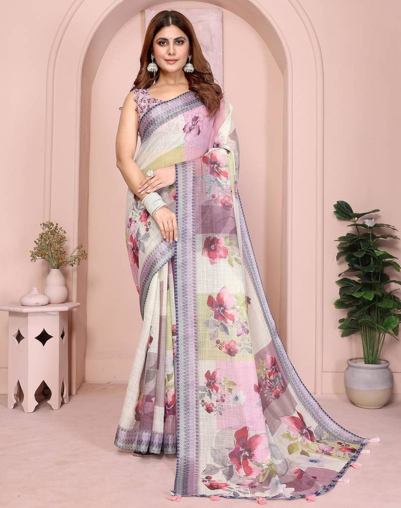 cream printed  designer pallu linen saree