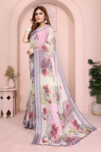 cream printed  designer pallu linen saree
