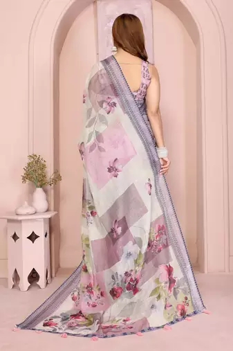 cream printed  designer pallu linen saree