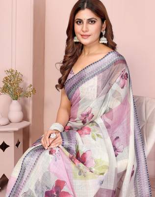 cream printed  designer pallu linen saree 4