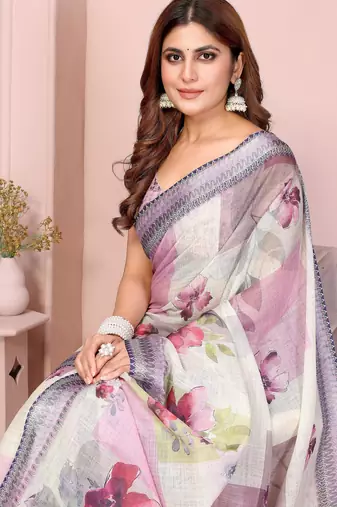 cream printed  designer pallu linen saree