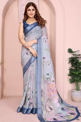 grey printed  designer pallu linen saree