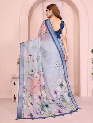 grey printed  designer pallu linen saree 3