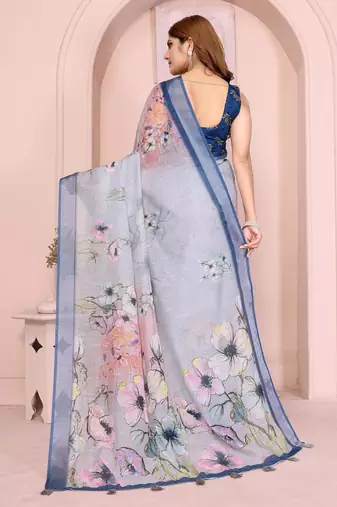 grey printed  designer pallu linen saree