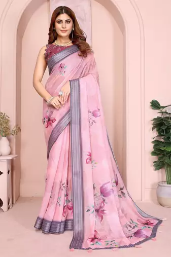 mustard printed  designer pallu linen saree