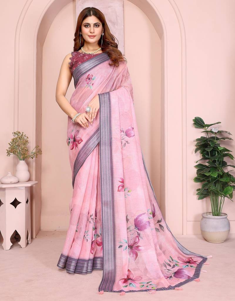 mustard printed  designer pallu linen saree