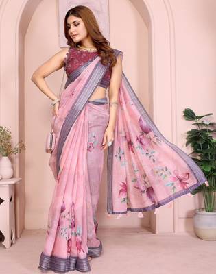 mustard printed  designer pallu linen saree 2
