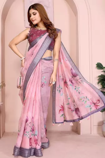 mustard printed  designer pallu linen saree