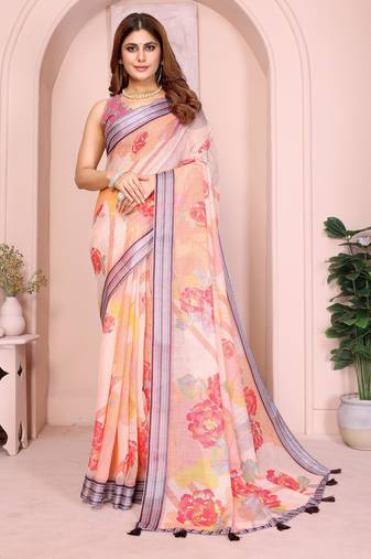 mustard printed  designer pallu linen saree