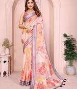 mustard printed  designer pallu linen saree