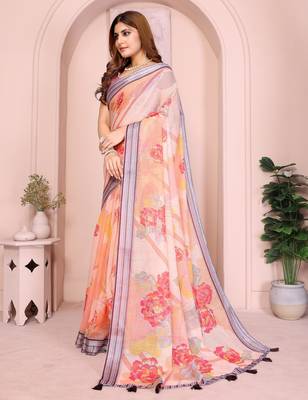 mustard printed  designer pallu linen saree 2