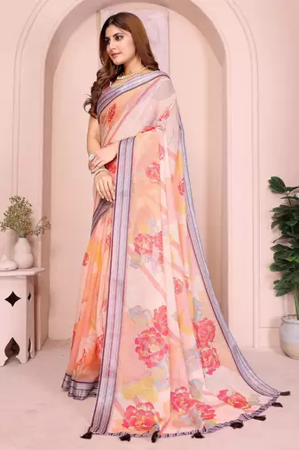 mustard printed  designer pallu linen saree