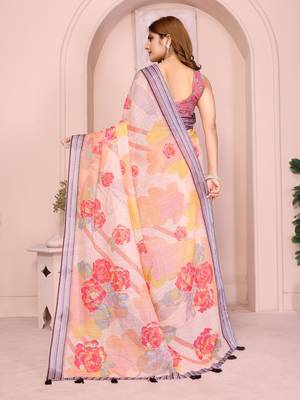 mustard printed  designer pallu linen saree 3