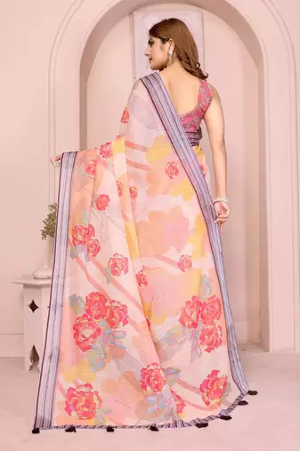 mustard printed  designer pallu linen saree