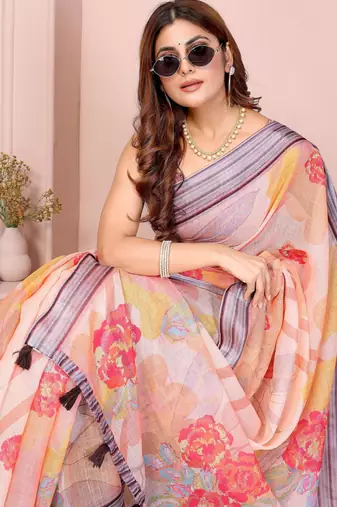 mustard printed  designer pallu linen saree