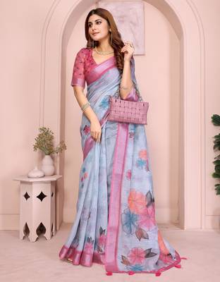 grey printed  designer pallu linen saree 1