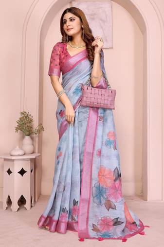 grey printed  designer pallu linen saree