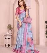grey printed  designer pallu linen saree
