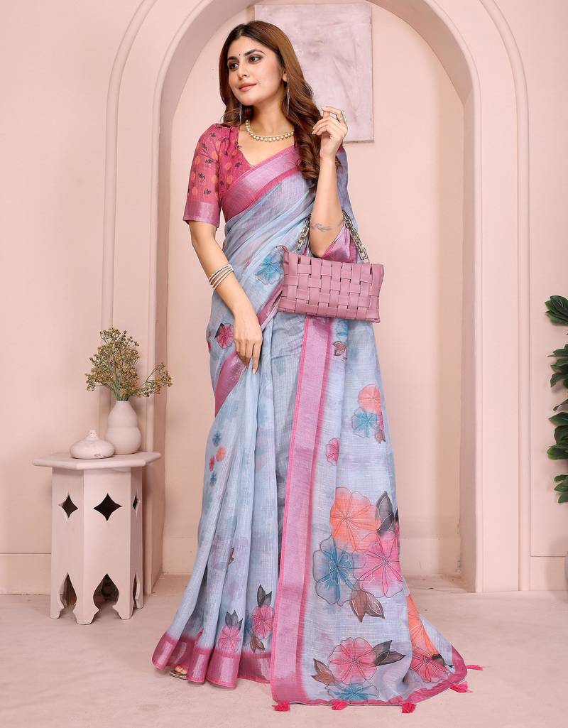 grey printed  designer pallu linen saree